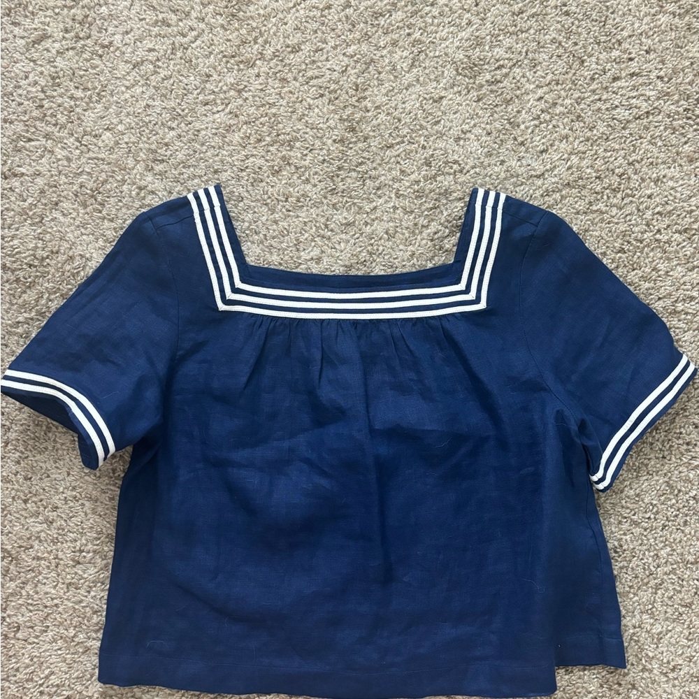 Jcrew Linen Top - Navy Blue and White - size XS